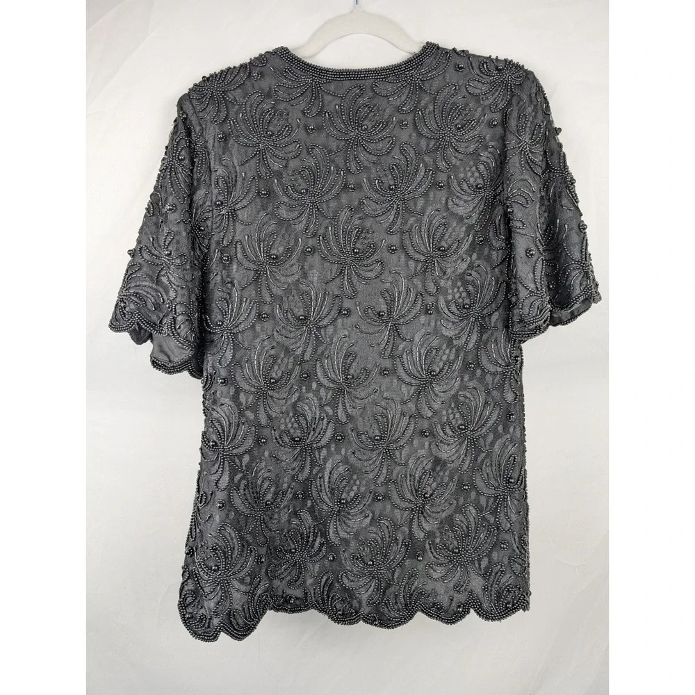 Vintage Beaded Whimsigoth Scalloped Edge Top Size M Black Dark Romantic Grunge